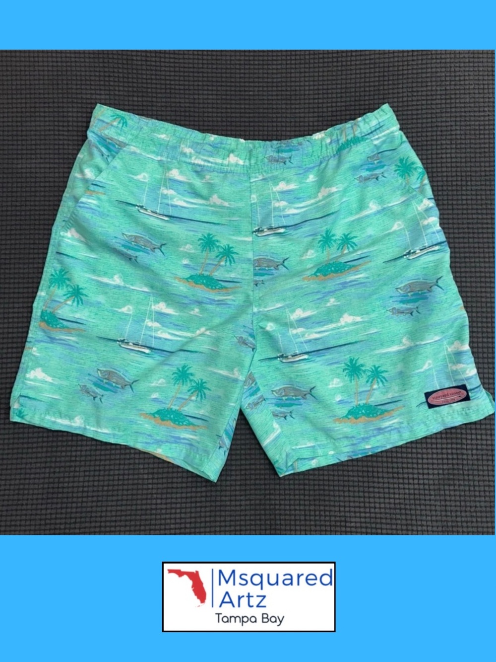 Vineyard Vines Swim Trunks Green Tropical Fish Island Print Men's Medium 7 Inch